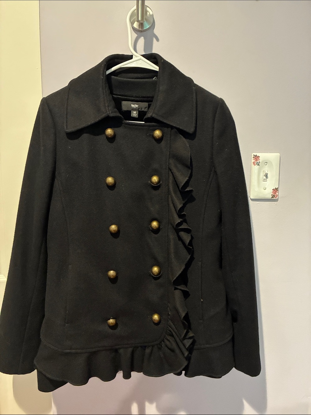 DKNY Black Double-Breasted Ruffle Peacoat